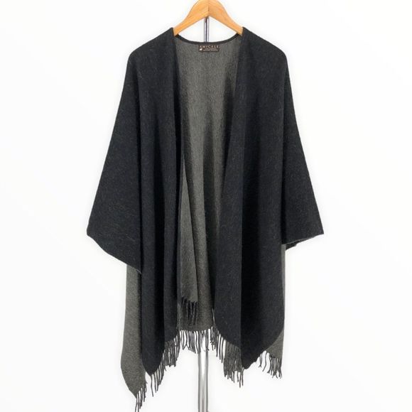 Amicale Cashmere Sweaters - Amicale Grey 100% Lambswool Poncho Cardigan with Fringe Gray